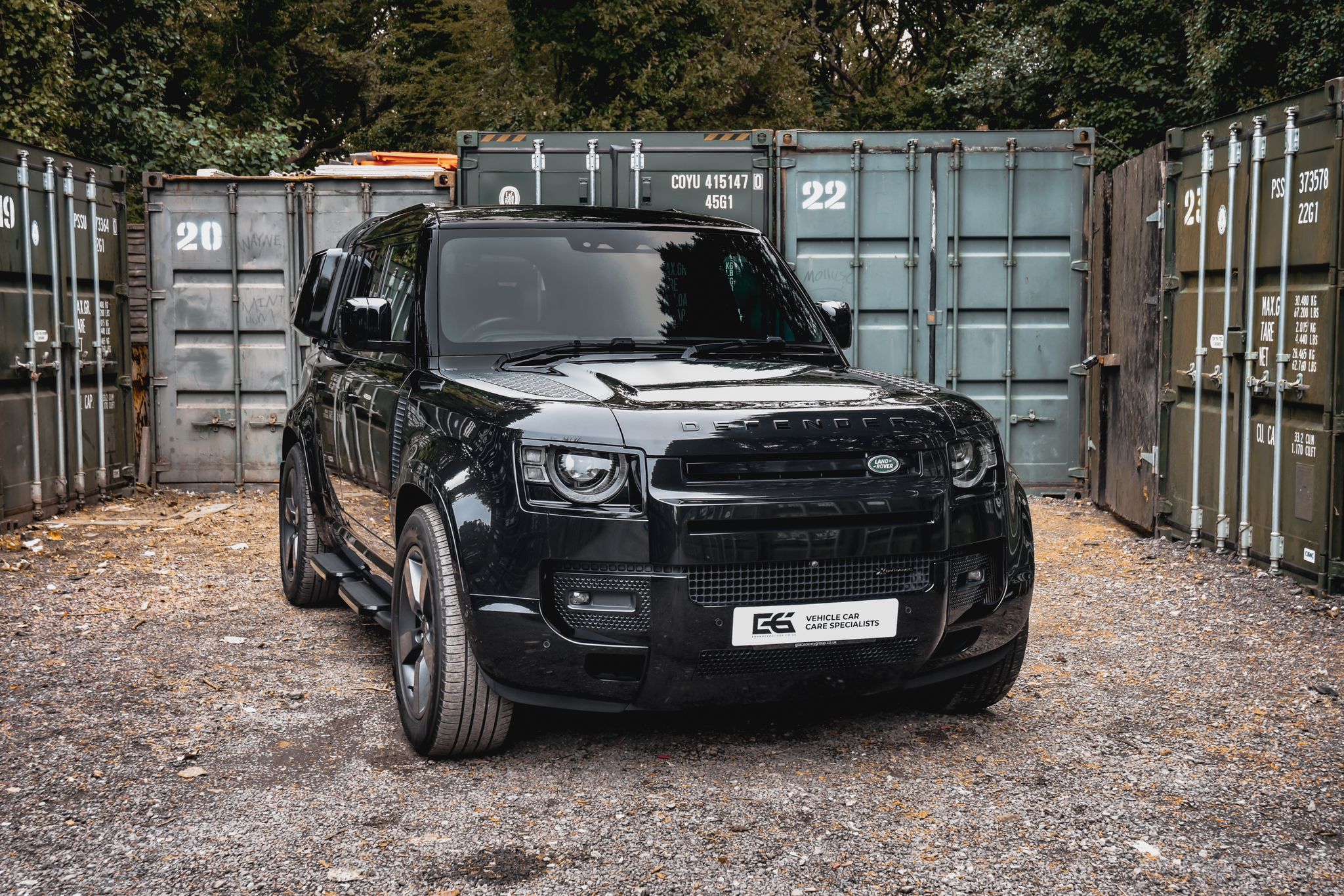 Land Rover Defender front shot after paint enhancement, 5-year ceramic coating, and 12-month glass coating at Enhanced Gloss in Barnstaple, North Devon.